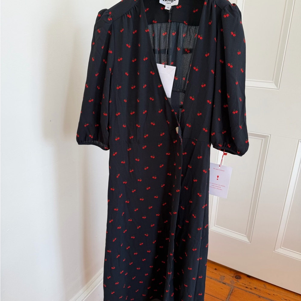 Rouje Black Midi Dress with Red Cherry Print